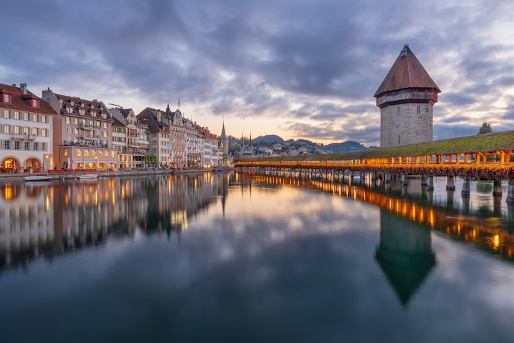 Lucerne, Switzerland at dawn on the Reuss River.